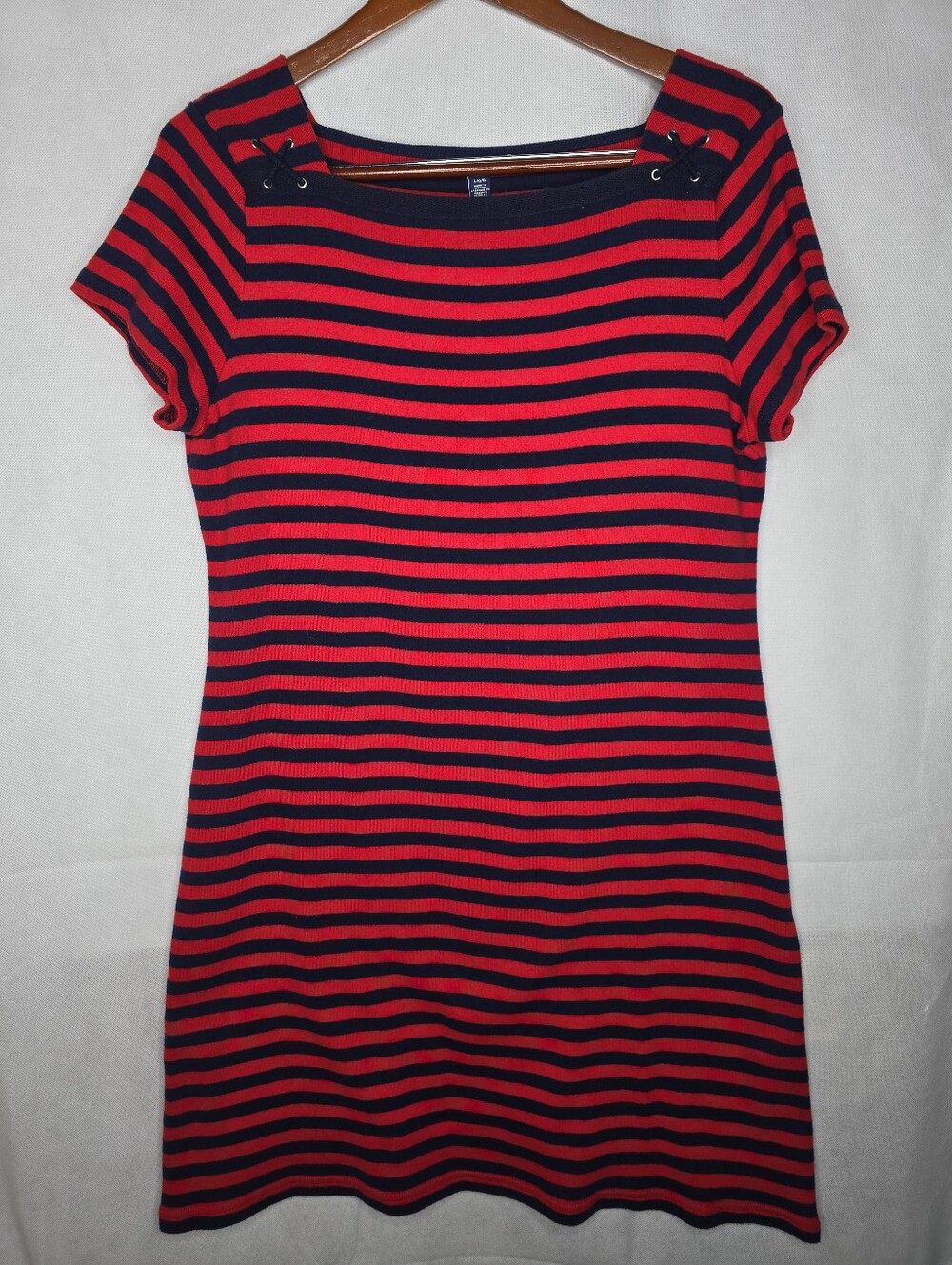 Chaps Stripe Shift Dress Red Navy Lace-Up Shoulder Short Sleeve Nautical L